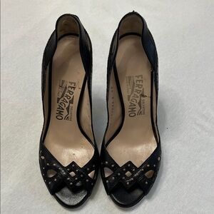 Salvatore Ferragamo Black Cut-Out Peep Toe Heels